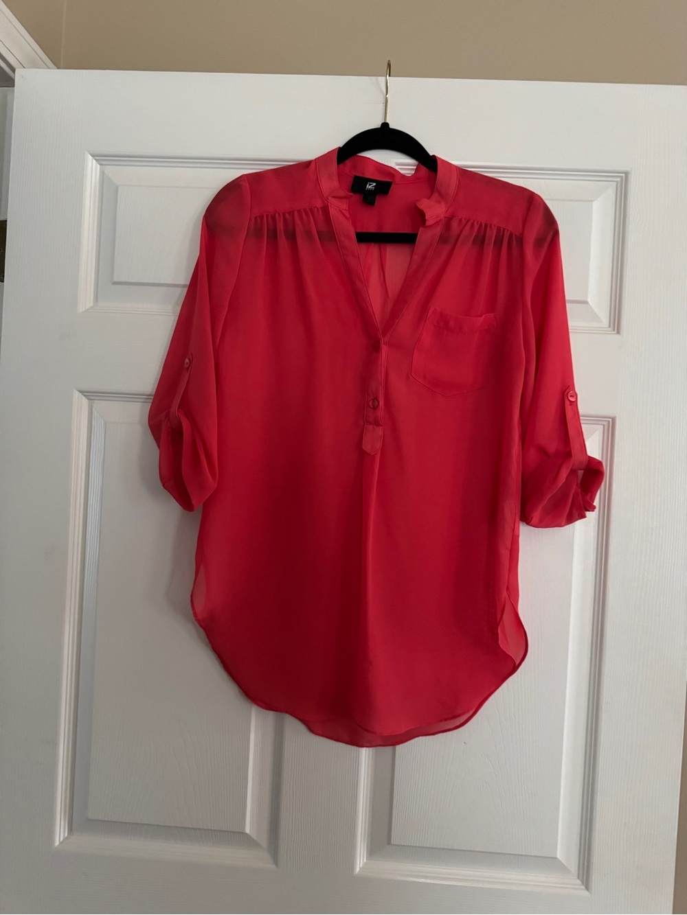 Iz Byer Coral Pink Sheer Roll-Tab Blouse